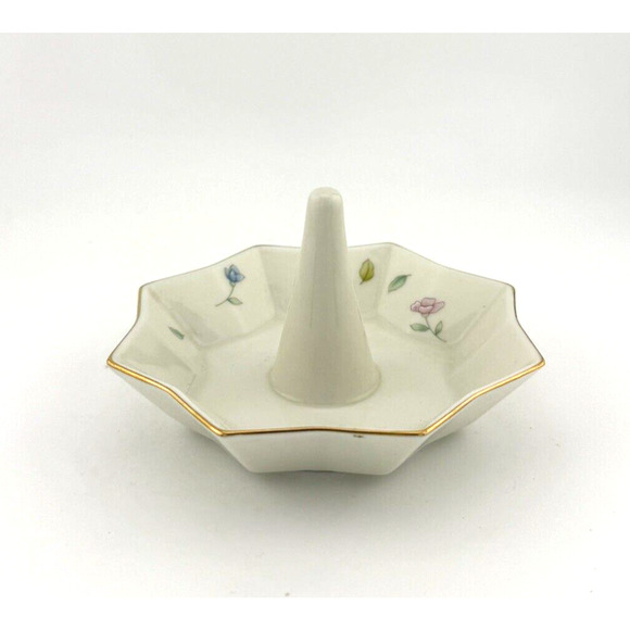 Fred Roberts Company Japan Porcelain octagon ring holder floral with gold rim - Picture 1 of 13